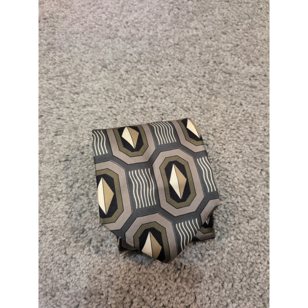 Ferracci Mens Silk Tie Grey Olive Geometric Abstract Hand Made Italy 4 Inch Wide